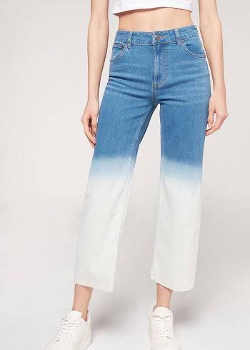 Calça Jeans Calzedonia Cropped Em Linha Reta-Leg Feminino Azuis Branco | PT1625HK