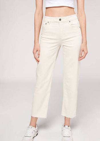 Calça Jeans Calzedonia Cropped Em Linha Reta-Leg Feminino Branco | PT1626JJ