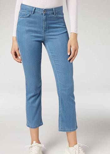 Calça Jeans Calzedonia Eco Light Flared Cropped Denim Feminino Azuis | PT1621SO