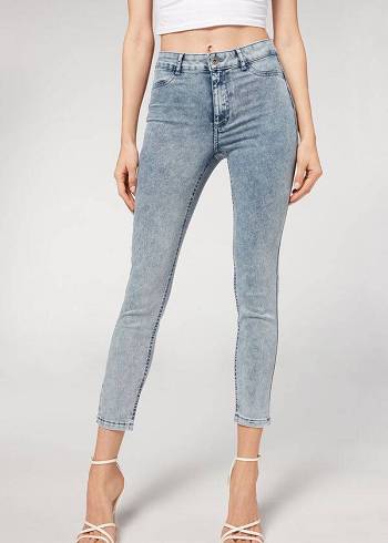 Calça Jeans Calzedonia Faded Magro Push-Up Feminino Azuis | PT1601KI