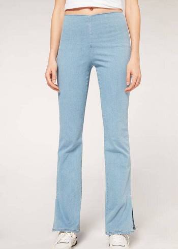 Calça Jeans Calzedonia High-Cintura Flared in Denim with Slits Feminino Azuis | PT1592OR