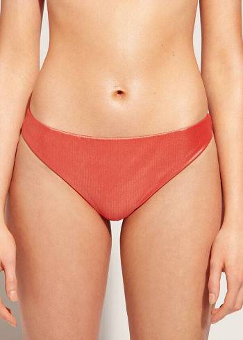 Calças De Biquíni Calzedonia Coated-Effect Antigua Feminino Coral Laranja | PT2829CE