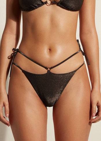 Calças De Biquíni Calzedonia Lamé Brazilian Side String Hollywood Feminino Pretas | PT2706RW