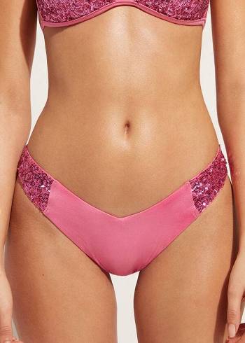 Calças De Biquíni Calzedonia Sequined High-Cut Brazilian Cannes Cheeky Feminino Rosa | PT2645SO