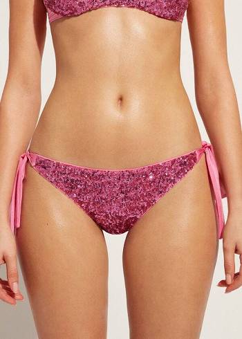 Calças De Biquíni Calzedonia Sequined Side-Tie Cannes Feminino Rosa | PT2641HK