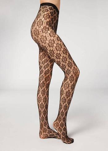 Collants Calzedonia Floral-Motif Fishnet Patterned Feminino Pretas | PT3090LH