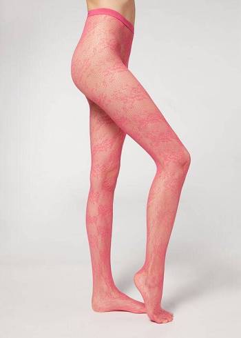 Collants Calzedonia Floral Renda-Motif Fishnet Patterned Feminino Rosa | PT3091KI