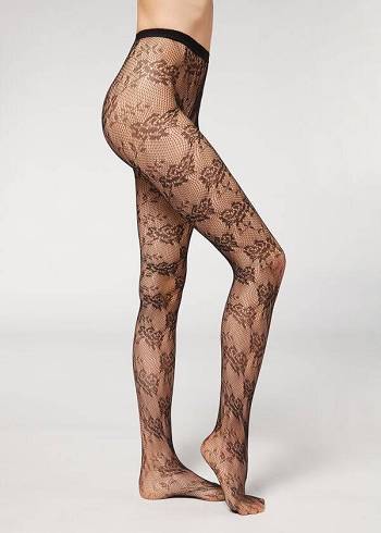 Collants Calzedonia Floral Renda-Motif Fishnet Patterned Feminino Pretas | PT3092JJ