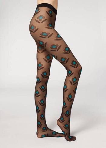 Collants Calzedonia Macro Daisy Micronet Patterned Feminino Pretas Azuis | PT3078TV