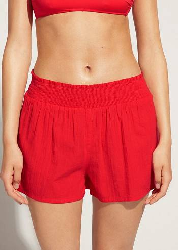 Cover Ups Calzedonia Algodão Shorts Feminino Vermelhas | PT2069KI