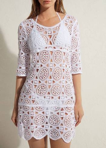 Cover Ups Calzedonia Crochet Vestidos Feminino Branco | PT2120JJ