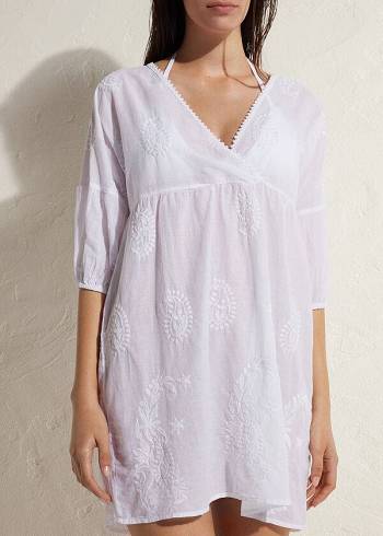 Cover Ups Calzedonia Embroidered Vestidos Feminino Branco | PT2113PQ