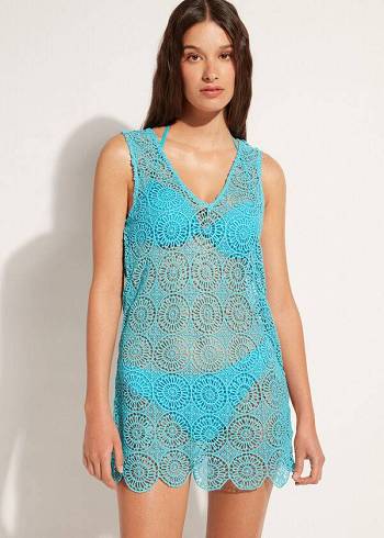 Cover Ups Calzedonia Geometric Crochet Vestidos Feminino Turquesa | PT2107RW