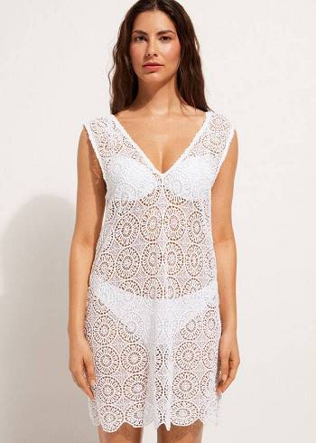 Cover Ups Calzedonia Geometric Crochet Vestidos Feminino Branco | PT2108TV