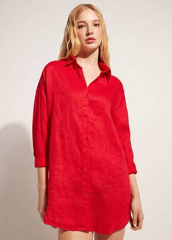 Cover Ups Calzedonia Linen Shirt Feminino Vermelhas | PT2096LH