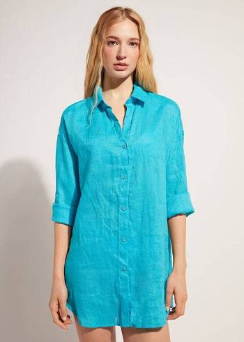 Cover Ups Calzedonia Linen Shirt Feminino Turquesa Verdes | PT2097ZG