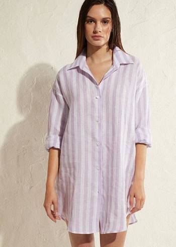 Cover Ups Calzedonia Linen Shirt Feminino Roxo Branco | PT2105WY