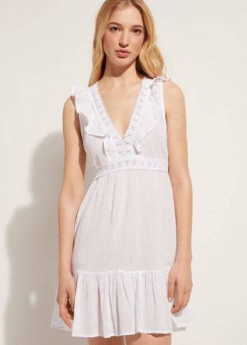 Cover Ups Calzedonia Mini Vestidos with Ruffle and Passementerie Feminino Branco | PT2084UT