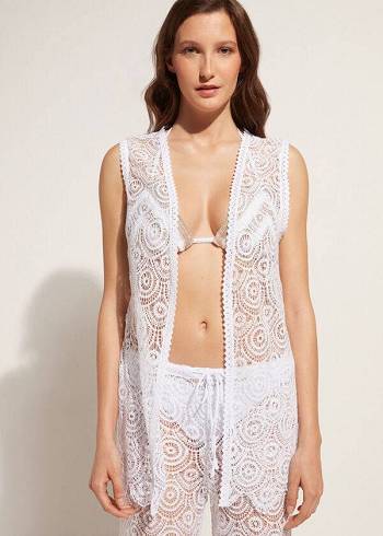 Cover Ups Calzedonia Sem Manga Crochet Feminino Branco | PT2075BC