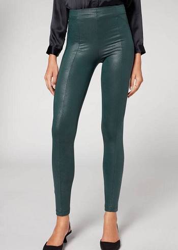 Leggings Calzedonia Coated Total Shaper Ciclismo Feminino Verdes | PT1558QZ