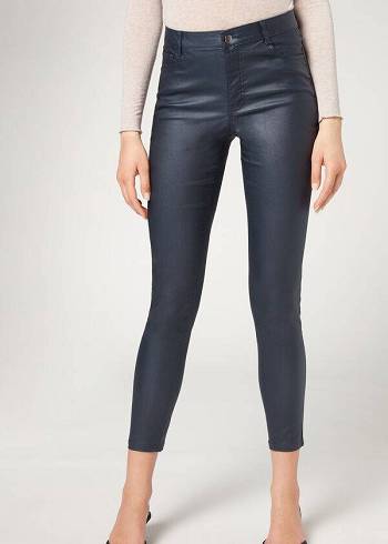 Leggings Calzedonia Faux Couro Magro Feminino Azul Marinho | PT1547HK