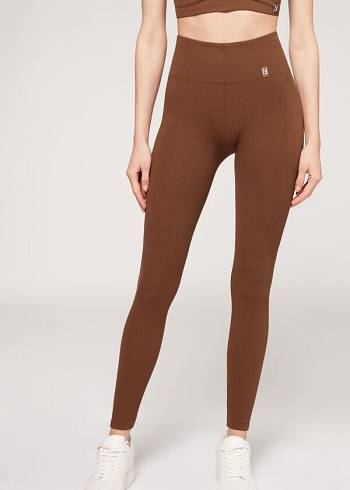 Leggings Calzedonia Fine Com Nervuras Seamless Esportivos Feminino Marrom | PT1542AP