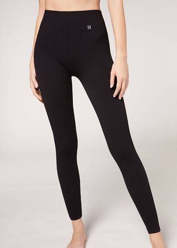 Leggings Calzedonia Fine Com Nervuras Seamless Esportivos Feminino Pretas | PT1546GL