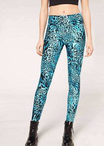 Leggings Calzedonia Shiny Animal-Print Atléticos Feminino Turquesa | PT1510TV