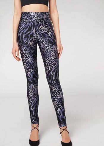 Leggings Calzedonia Shiny Animal-Print Atléticos Feminino Azuis Cinzentas | PT1511YU