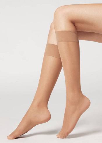 Meias Calzedonia 20 Denier Conforto Cuff Knee-Highs Sheer Feminino Bege | PT1890XF