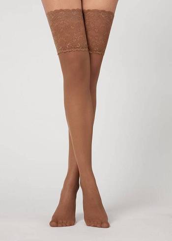 Meias Calzedonia 20 Denier Opaque Thigh-Highs Feminino Caqui | PT2952GL