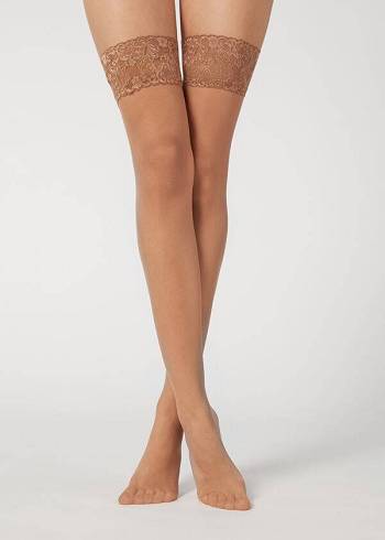 Meias Calzedonia 20 Denier Sheer Thigh-Highs Feminino Caqui | PT2942NB