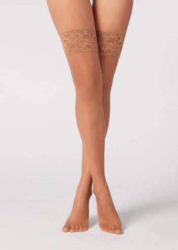 Meias Calzedonia 8 Denier Ultra Sheer Thigh-Highs Feminino Bege Marrom | PT2937RW