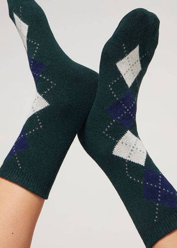 Meias Calzedonia Diamond-Pattern Cashmere Curta Feminino Verde Oliva | PT1785ZG