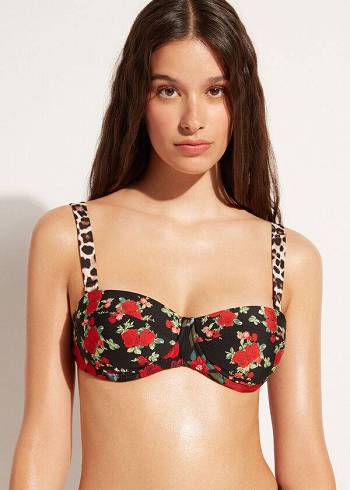 Tops De Biquíni Calzedonia Bandeau Lightly Acolchoado Nizza Feminino Rosa Pretas | PT2497AP