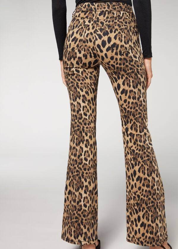 Calça Jeans Calzedonia Animal Print Flared Feminino Marrom | PT1630XF