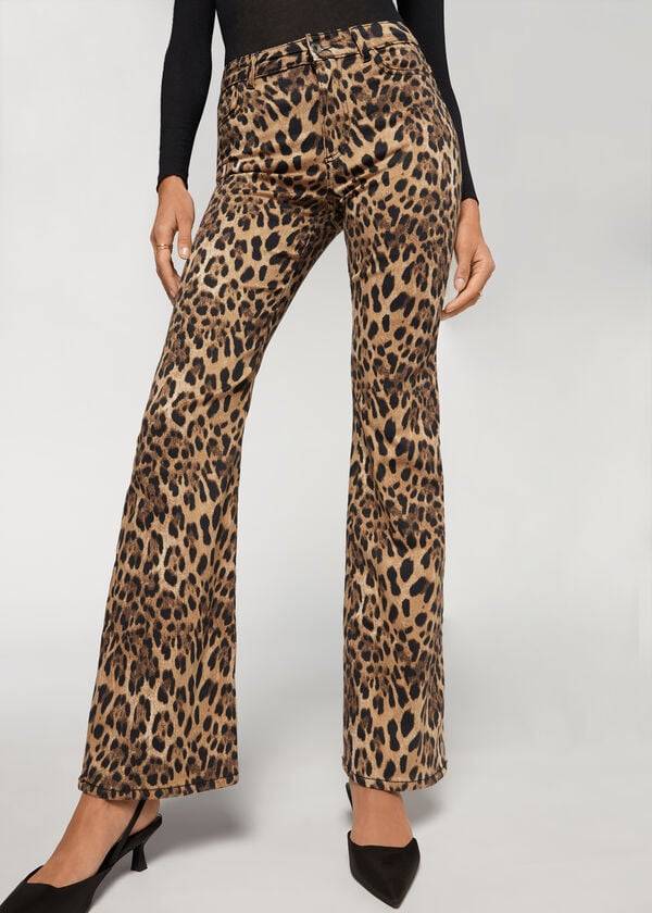 Calça Jeans Calzedonia Animal Print Flared Feminino Marrom | PT1630XF