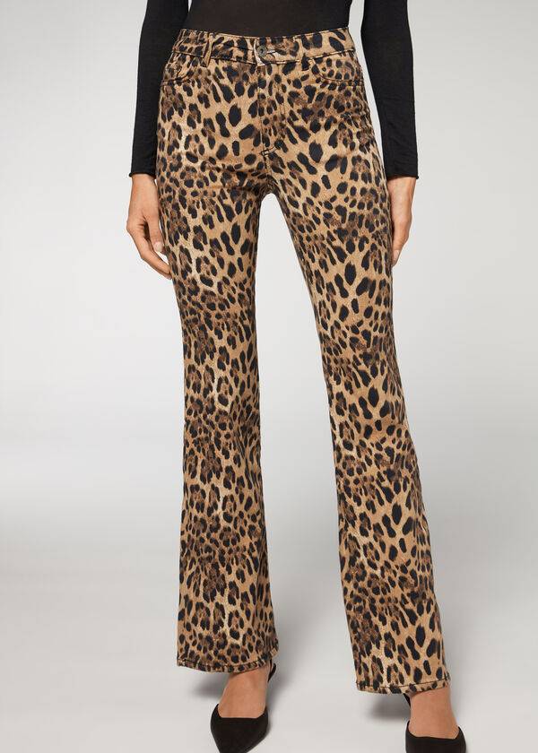 Calça Jeans Calzedonia Animal Print Flared Feminino Marrom | PT1630XF