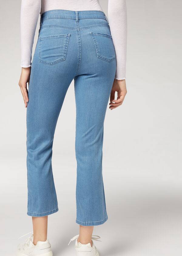 Calça Jeans Calzedonia Eco Light Flared Cropped Denim Feminino Azuis | PT1621SO