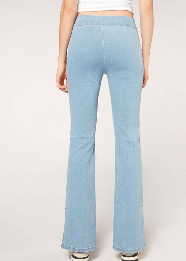 Calça Jeans Calzedonia High-Cintura Flared in Denim with Slits Feminino Azuis | PT1592OR