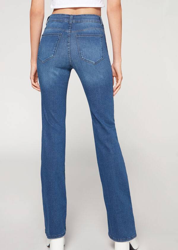 Calça Jeans Calzedonia Super Flex Denim High Cintura Bootcut Feminino Azuis | PT1577ZG