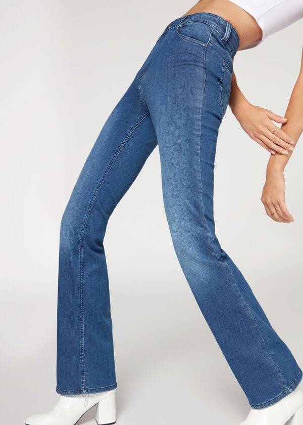 Calça Jeans Calzedonia Super Flex Denim High Cintura Bootcut Feminino Azuis | PT1577ZG