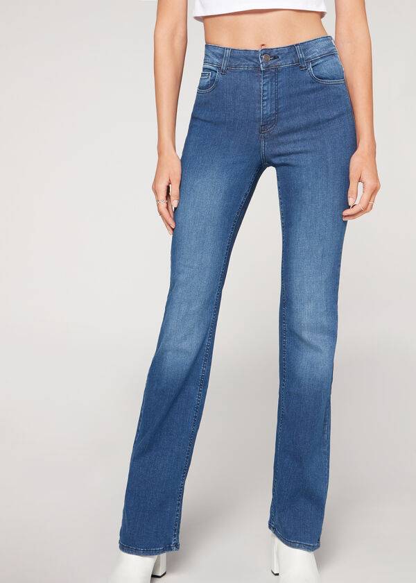 Calça Jeans Calzedonia Super Flex Denim High Cintura Bootcut Feminino Azuis | PT1577ZG