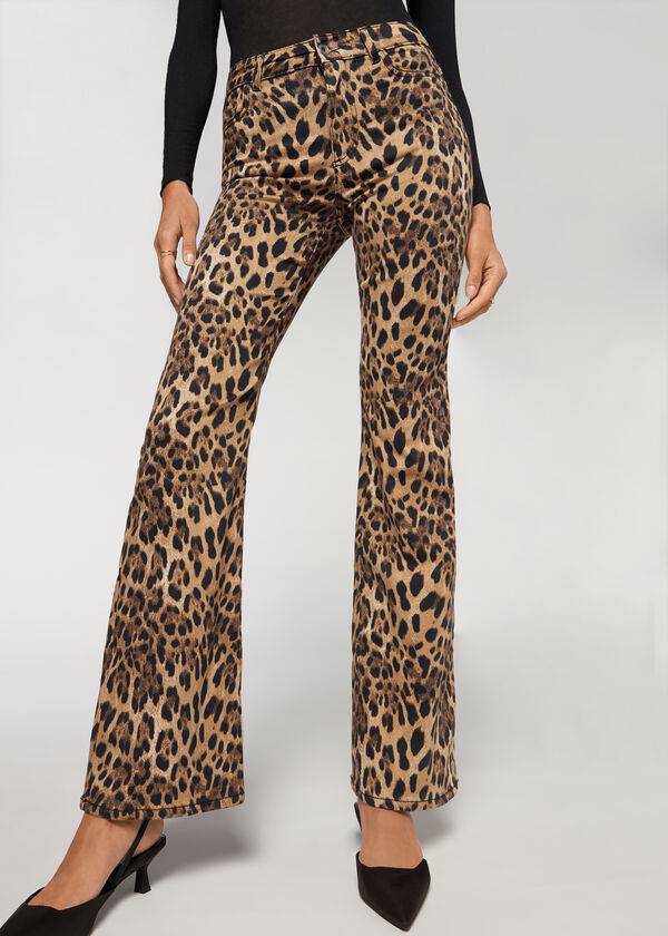 Calças Calzedonia Animal Print Flared Feminino Marrom | PT1478NB