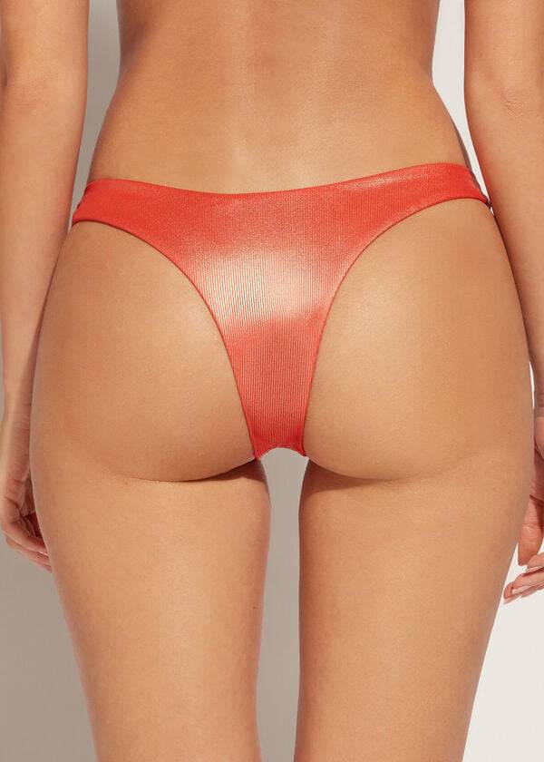 Calças De Biquíni Calzedonia Coated-Effect High-Cut Brazilian Antigua Feminino Coral Laranja | PT2827BC