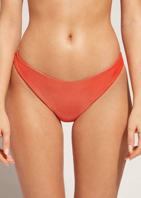 Calças De Biquíni Calzedonia Coated-Effect High-Cut Brazilian Antigua Feminino Coral Laranja | PT2827BC