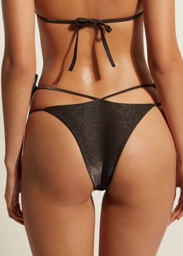 Calças De Biquíni Calzedonia Lamé Brazilian Side String Hollywood Feminino Pretas | PT2706RW