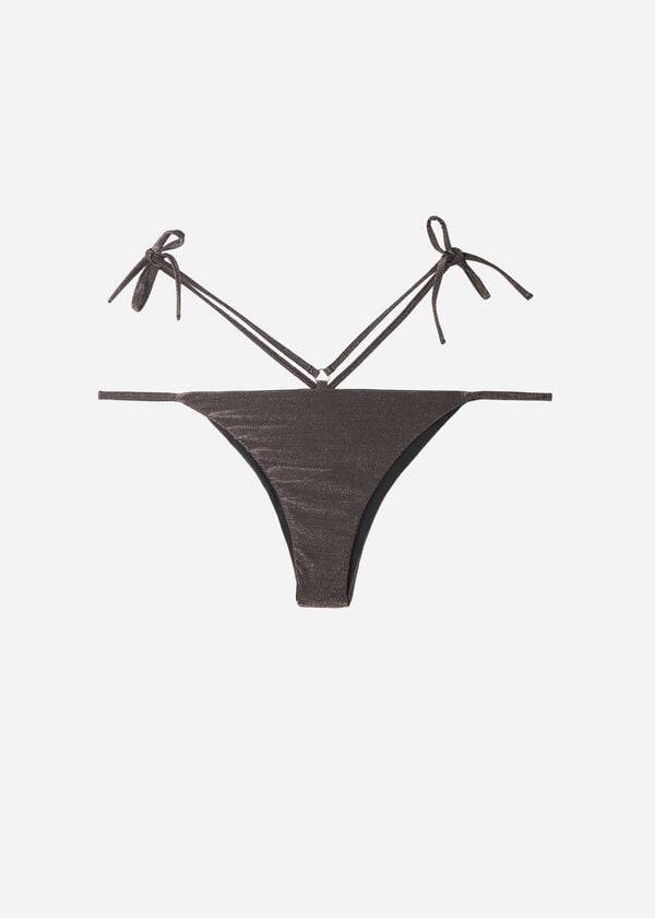 Calças De Biquíni Calzedonia Lamé Brazilian Side String Hollywood Feminino Pretas | PT2706RW