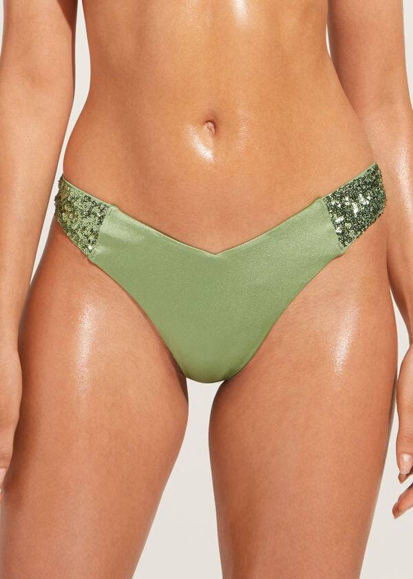 Calças De Biquíni Calzedonia Sequined High-Cut Brazilian Cannes Feminino Verdes | PT2647PQ