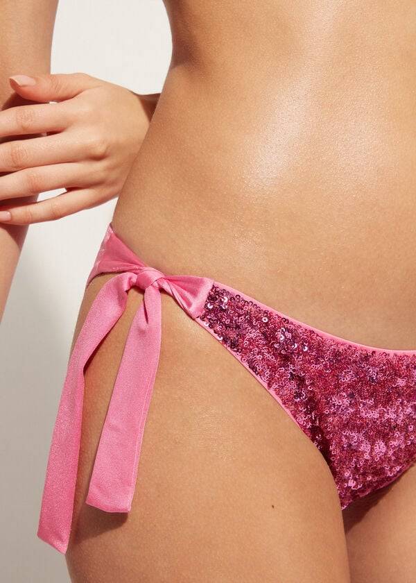 Calças De Biquíni Calzedonia Sequined Side-Tie Cannes Feminino Rosa | PT2641HK